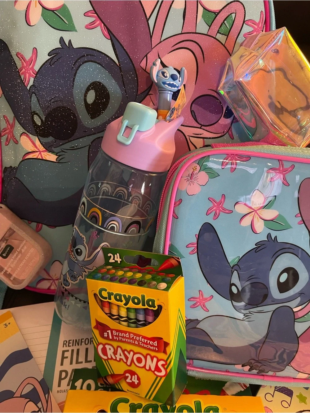 Disney Lilo and Stitch backpack bundle with pink and blue characters and flowers